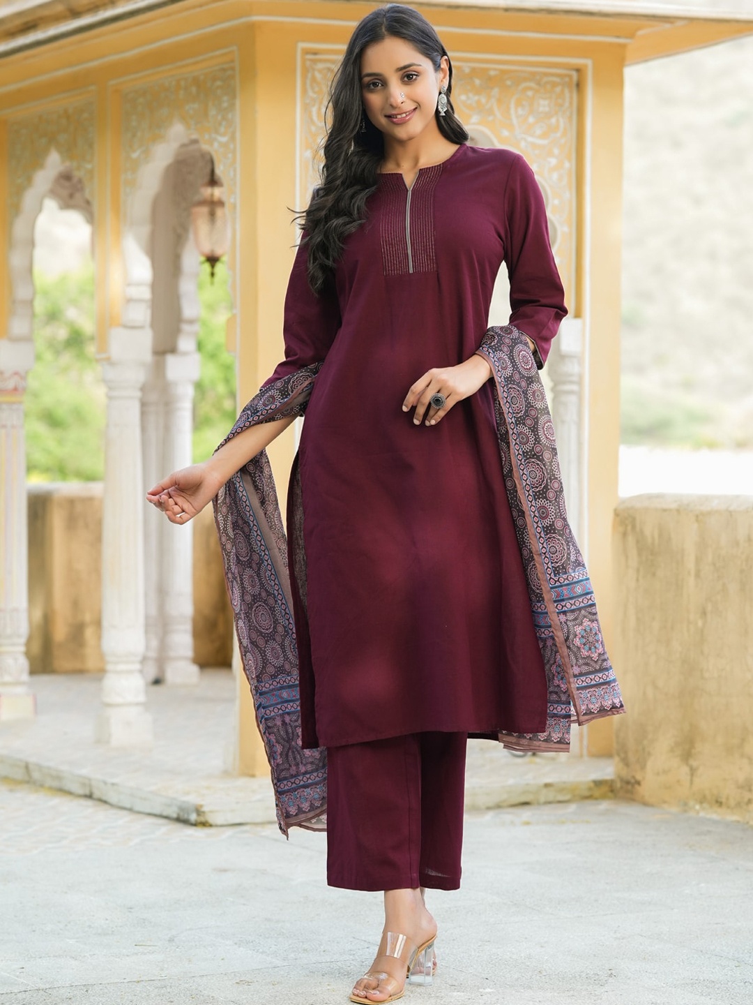 

RangDeep Regular Pure Cotton Kurta With Trousers & Dupatta, Burgundy