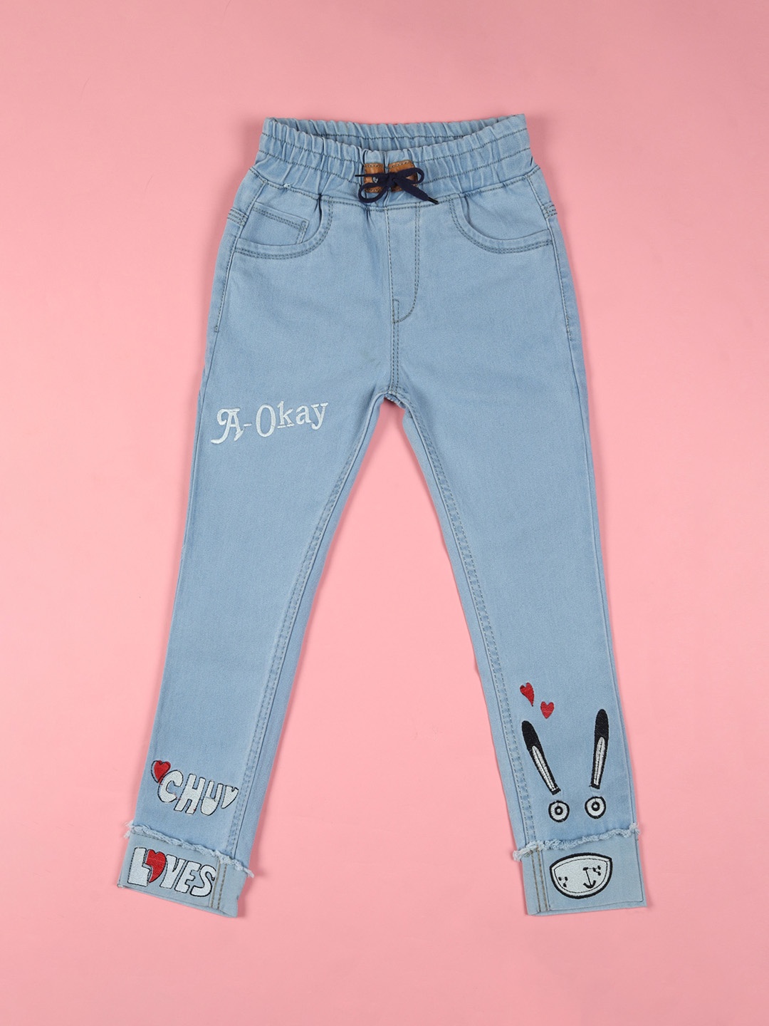 

F2M Unisex Kids Slim Fit High-Rise Clean Look Light Fade Embroidered Jeans, Blue