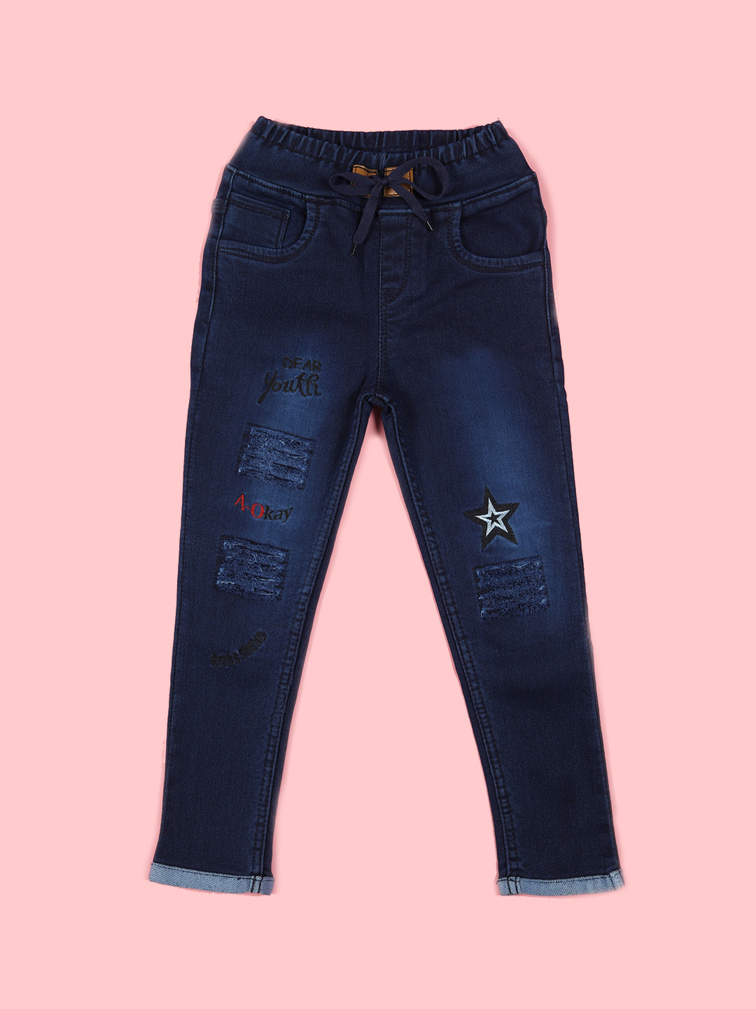 

F2M Kids Slim Fit Embroidered Light Fade Jeans, Blue