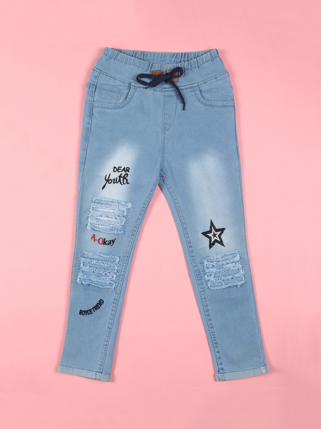 

F2M Kids Slim Fit Mildly Distressed Light Fade Embroidered Jeans, Blue