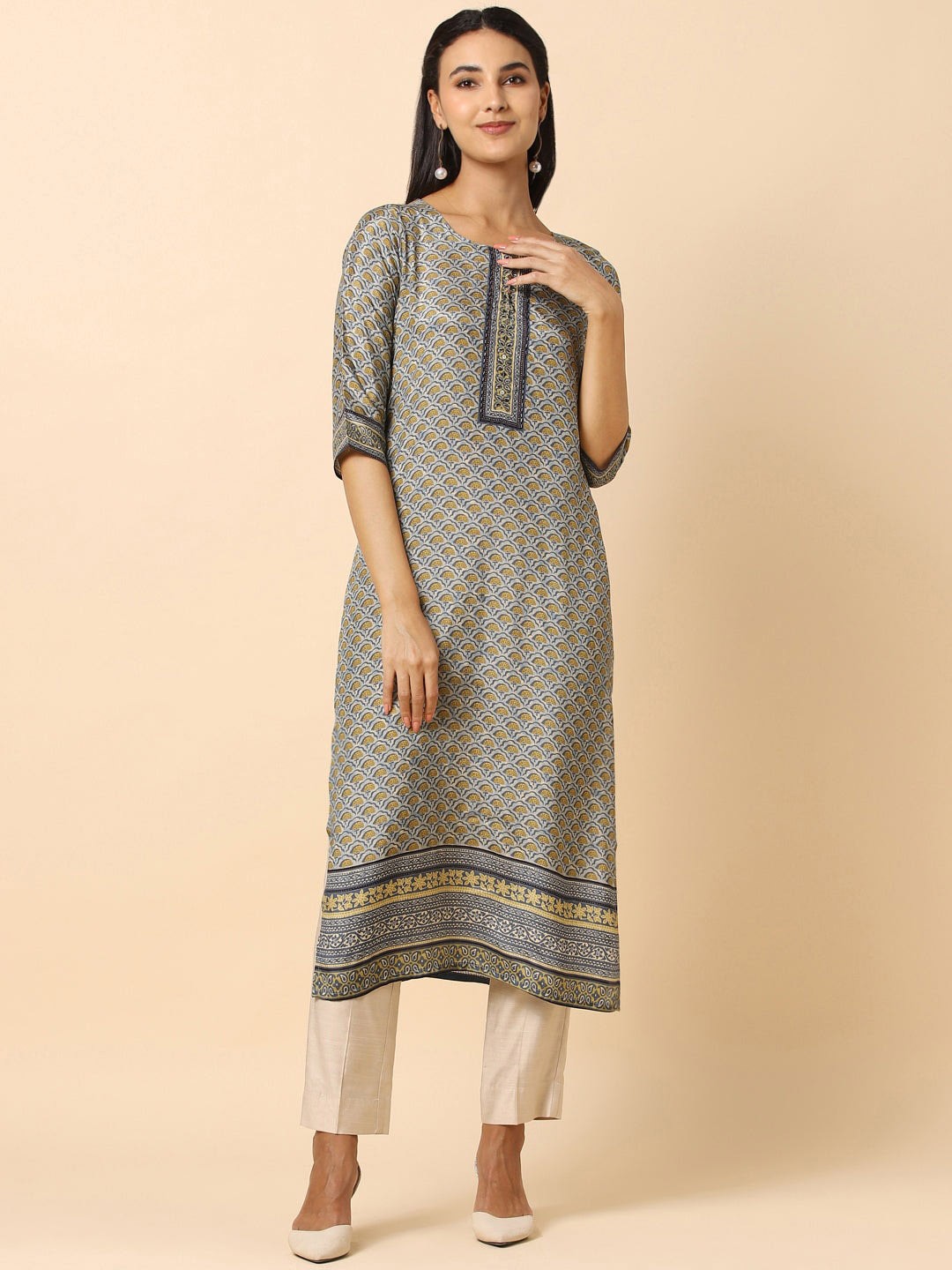 

House Of Dharaa Floral Printed Straight Kurta, Grey