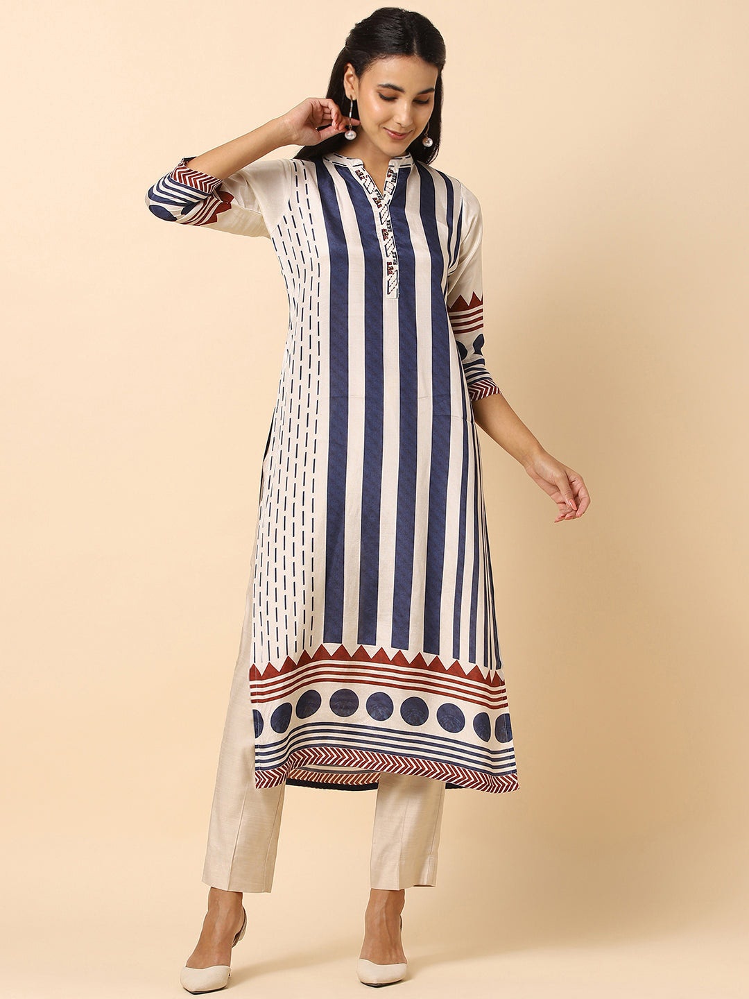 

House Of Dharaa Striped Round Neck Straight Kurta, White
