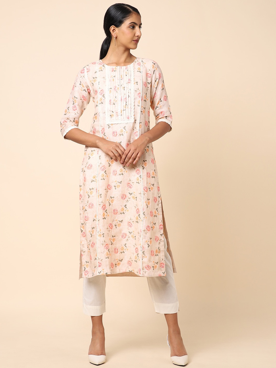 

House Of Dharaa Floral Printed Linen Straight Kurta, Peach