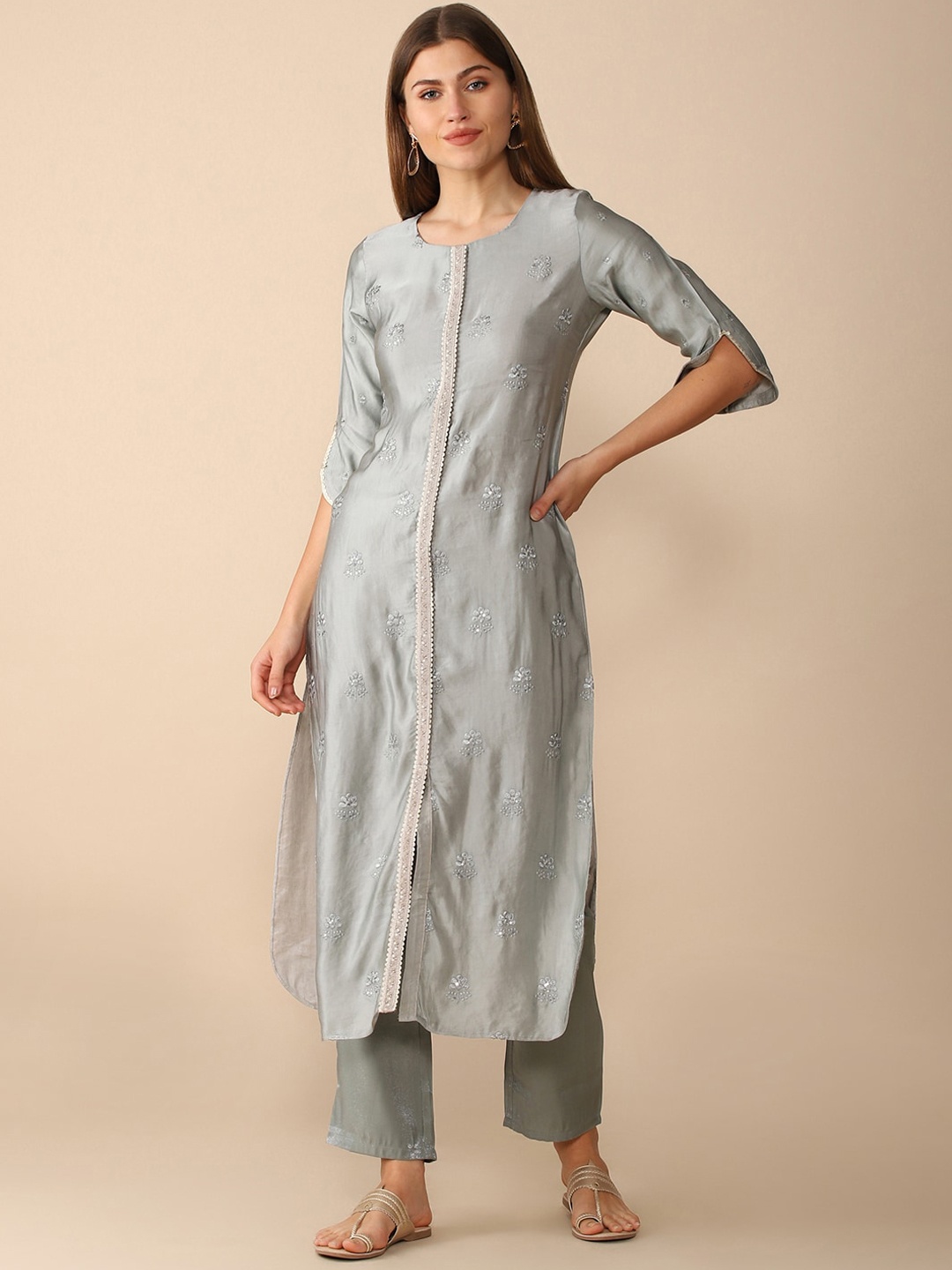 

House Of Dharaa Floral Embroidered Thread Work Pure Silk Straight Kurta, Grey