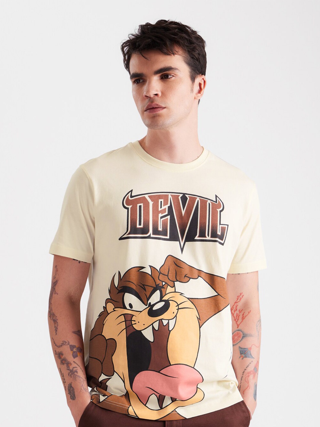 

The Souled Store White Looney Tunes Printed Round Neck Pure Cotton T-Shirt, Cream