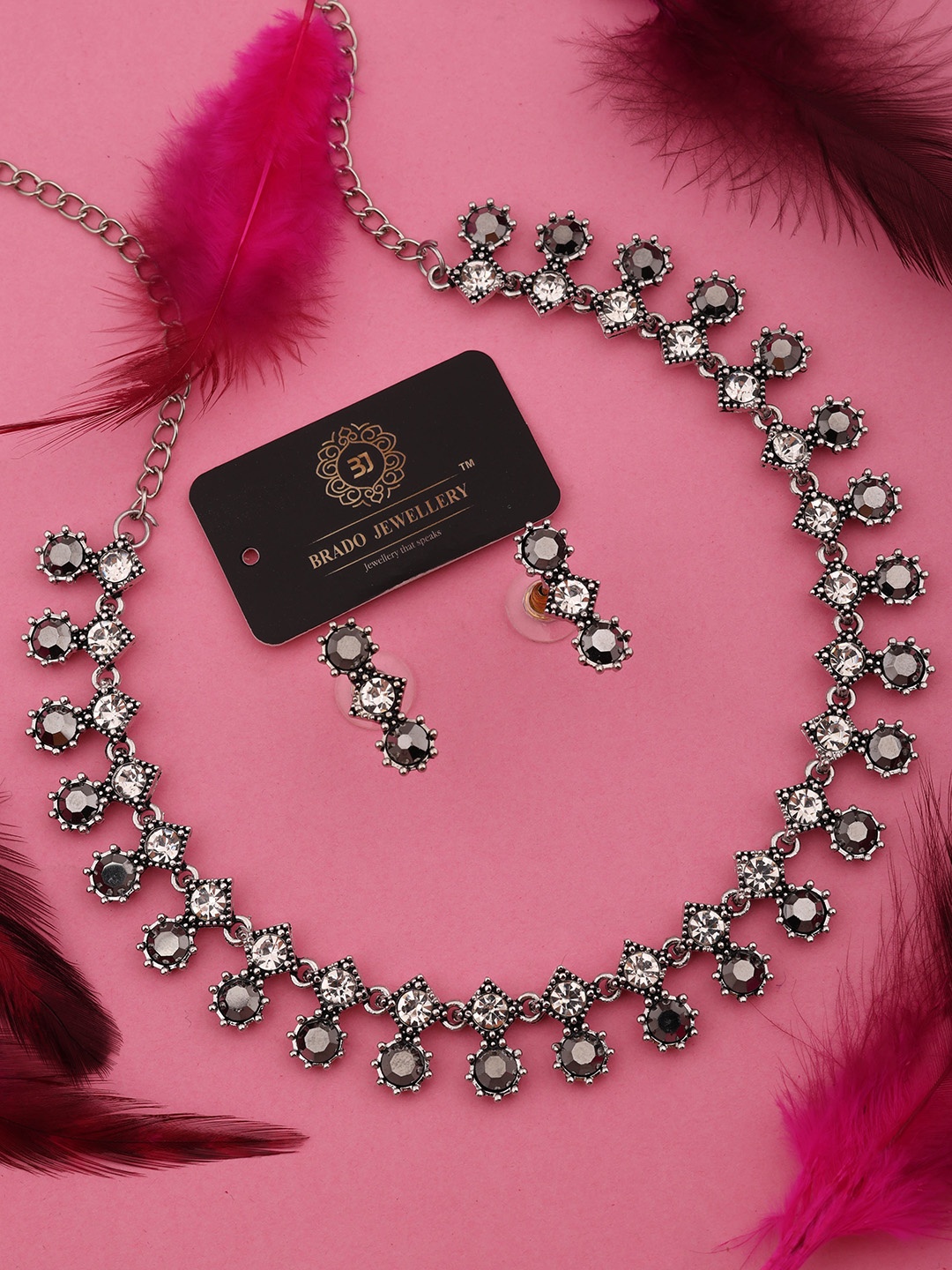 

Brado Jewellery Oxidised Silver-Plated AD-Studded Necklace & Earrings Set