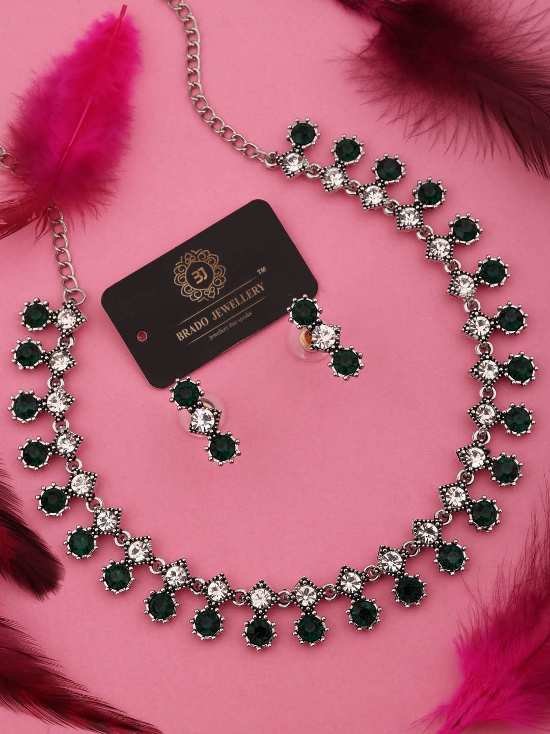 

Brado Jewellery Oxidised Silver-Plated AD-Studded Necklace & Earrings Set