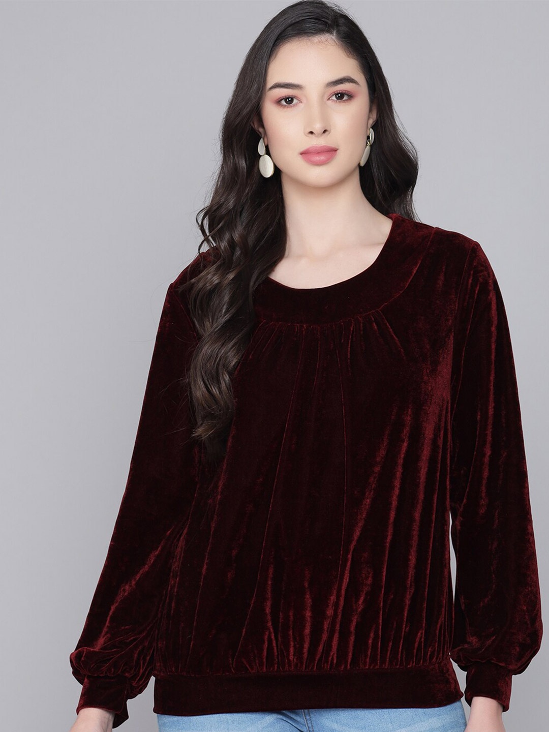 

VAARARO Round Neck Puff Sleeves Blouson Top, Maroon