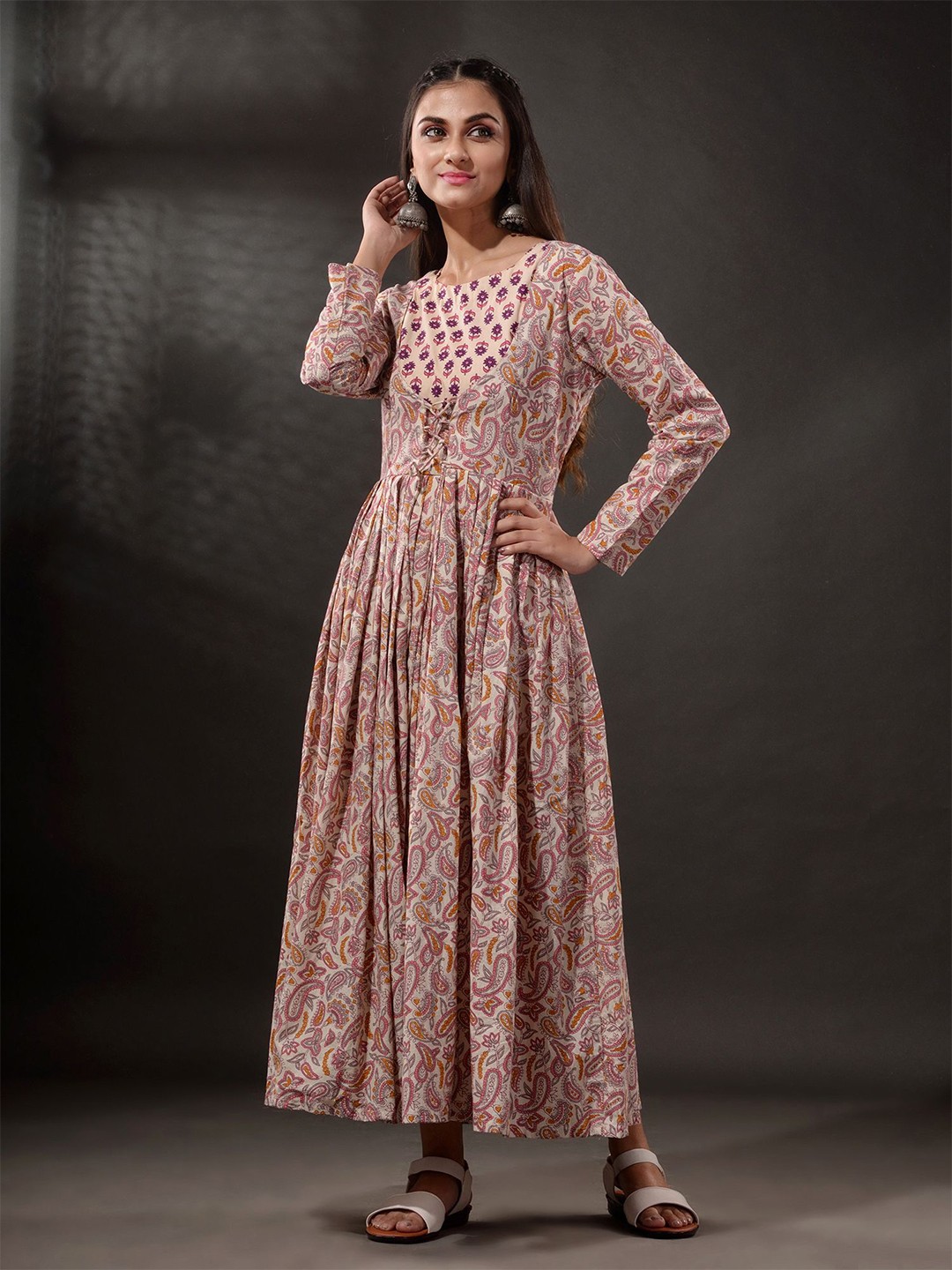 

Disli Paisley Printed Pure Cotton Maxi Ethnic Dress, Pink