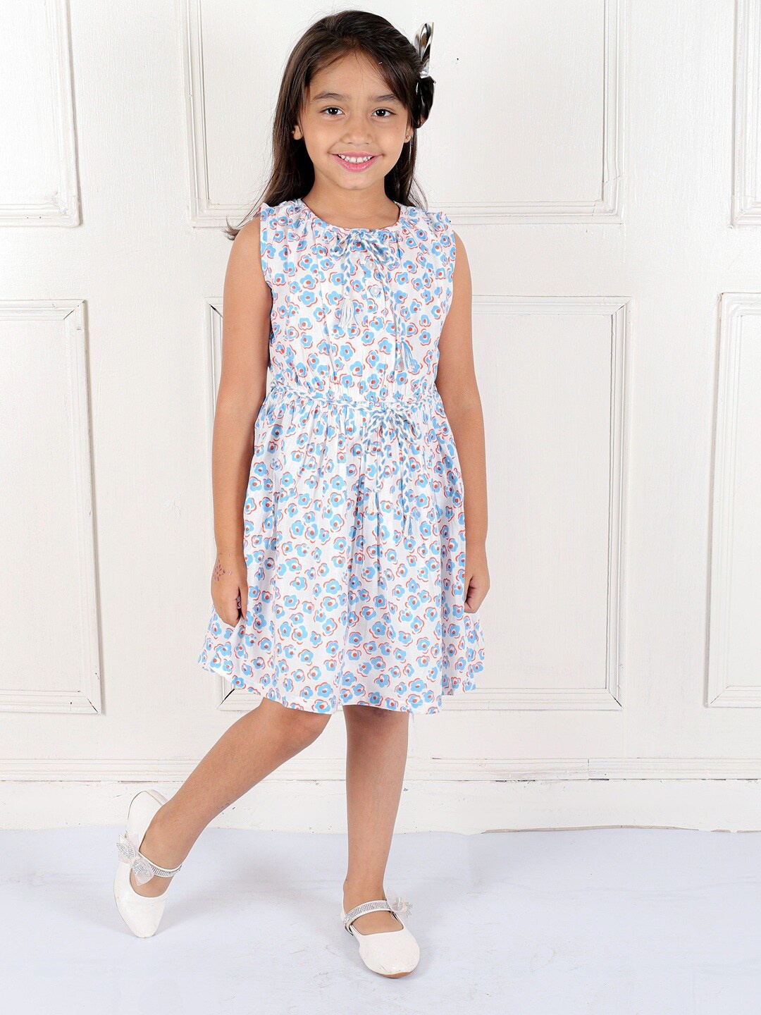 

Ka-mee Girls Floral Printed Belt Detailed Cotton Fit & Flare Dress, Blue