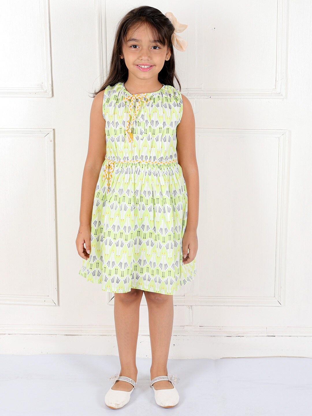 

Ka-mee Girls Floral Printed Belt Detailed Cotton Fit & Flare Dress, Green