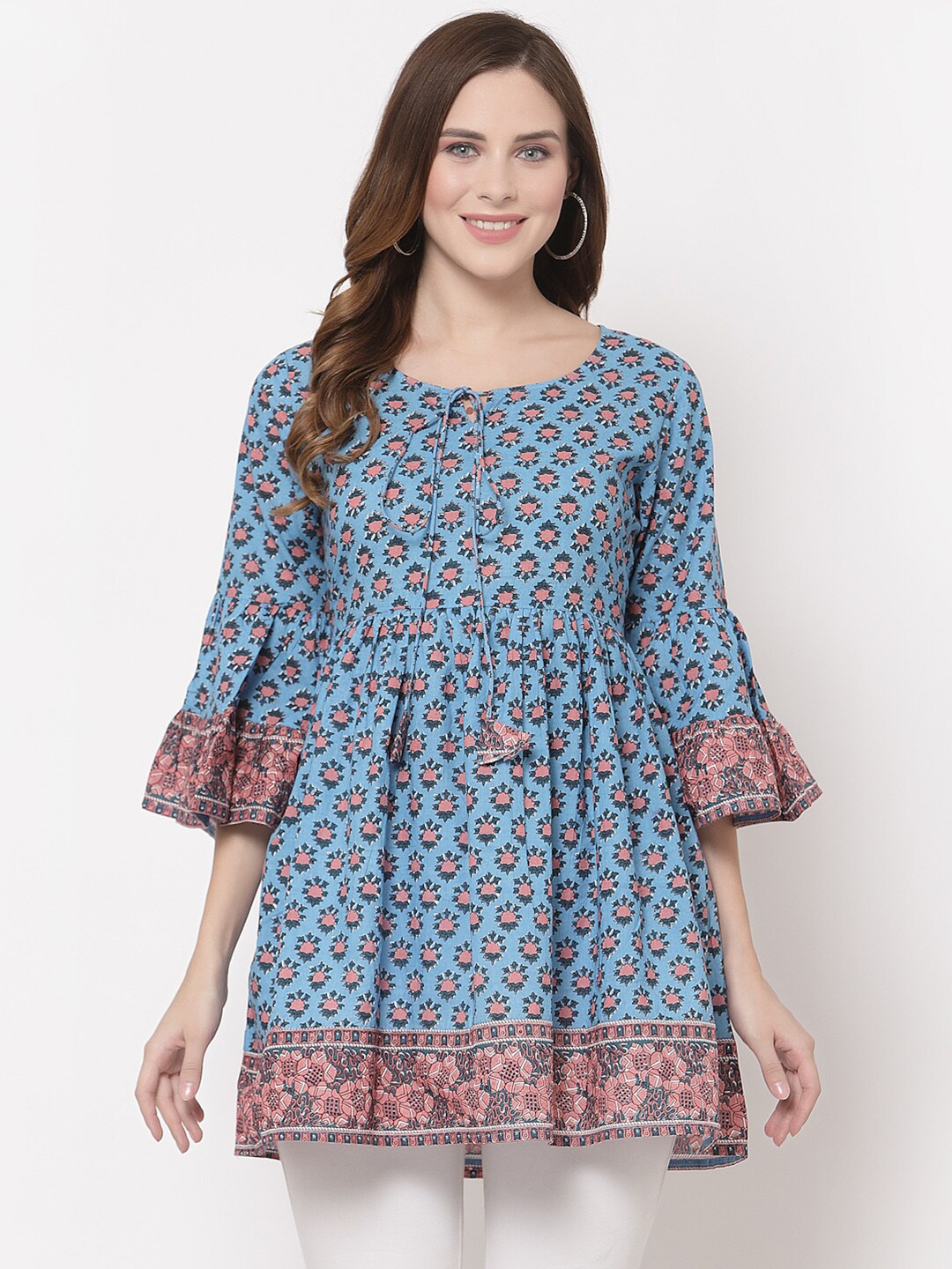 

Avipsa Ethnic Motifs Printed Pure Cotton Empire Kurti, Blue