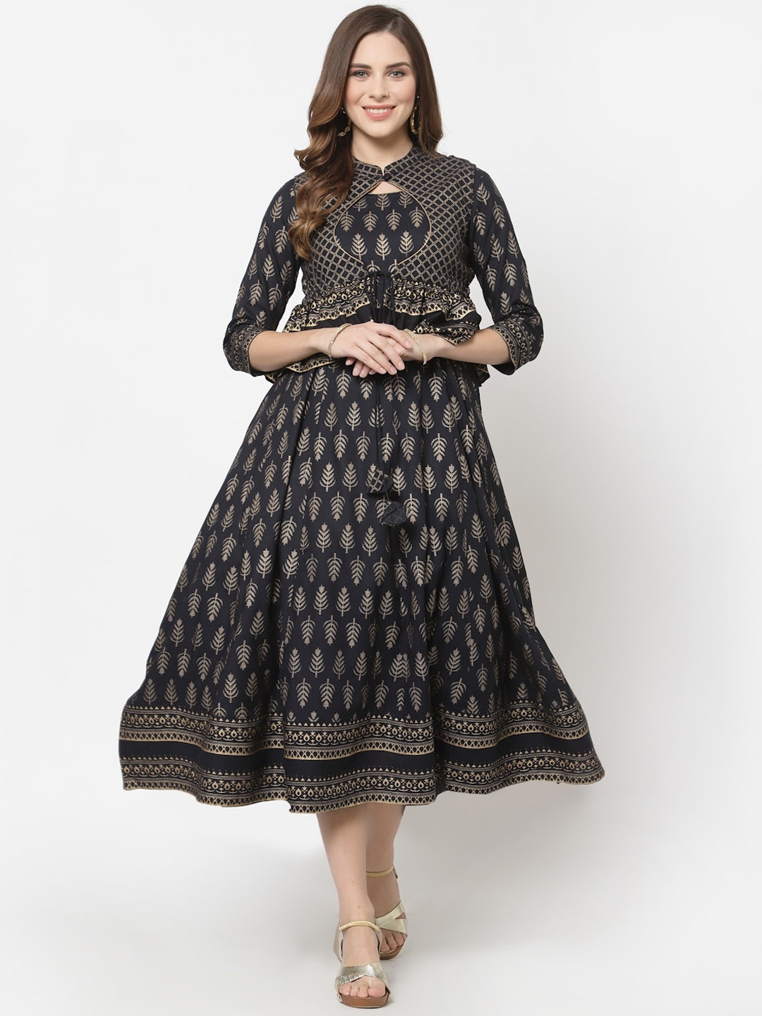 

Avipsa Ethnic Motifs Printed Midi A-Line Ethnic Dress Comes With Jacket, Navy blue