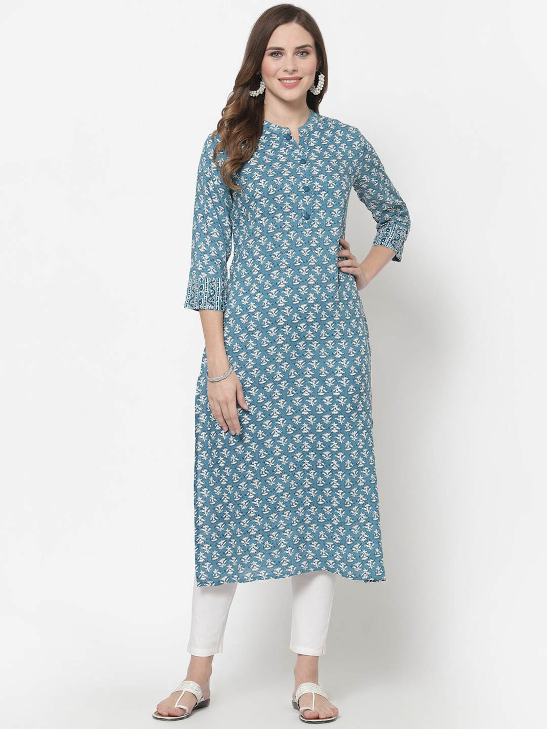 

Avipsa Floral Printed Band Collar Kurta, Teal