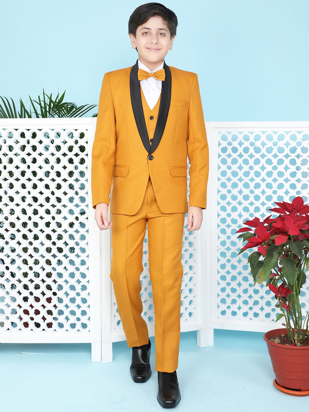 

BAESD Boys Single Breasted Four Piece Silk Cotton Party Suit, Mustard