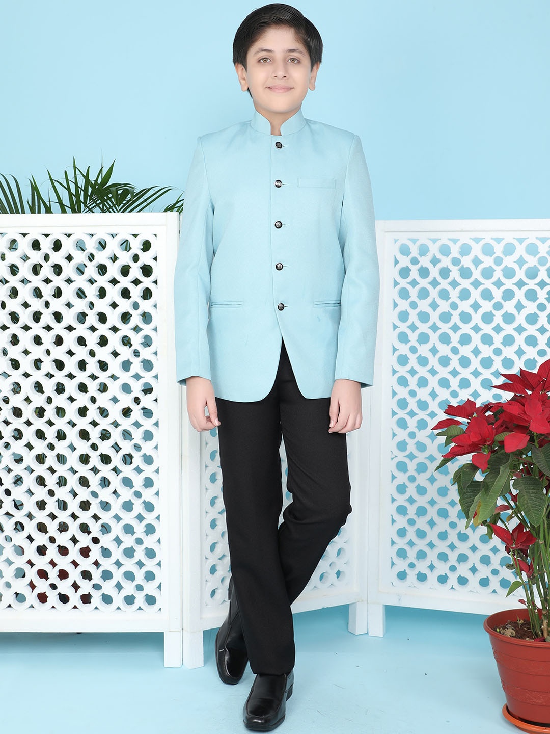 

BAESD Boys Bandhgala Two Piece Silk Cotton Party Suit, Blue