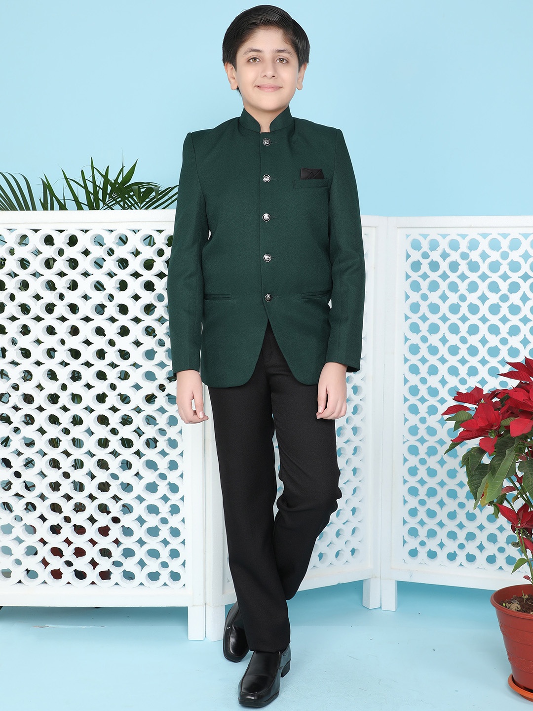 

BAESD Boys Bandhgala Two Piece Silk Cotton Party Suit, Green