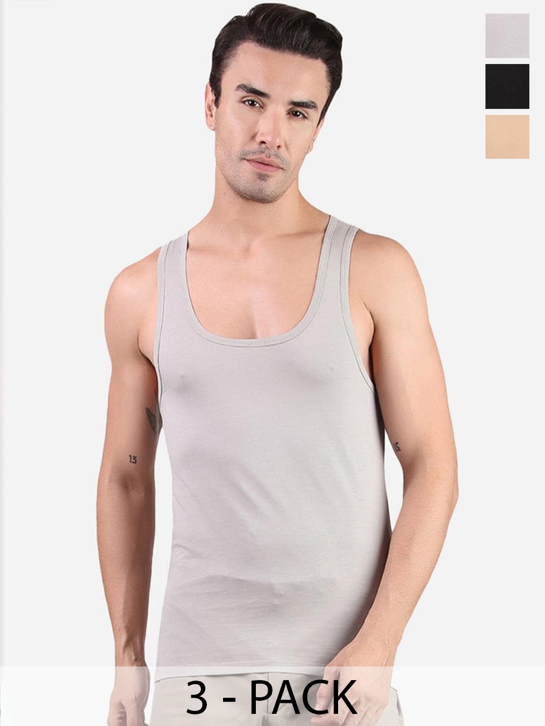 

FREECULTR Pack of 3 Pure Cotton Innerwear Vests, Grey