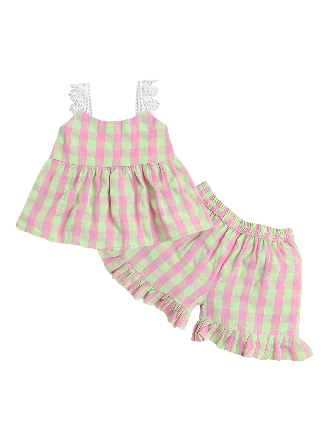 

Knitting Doodles Girls Checked Top With Shorts, Green