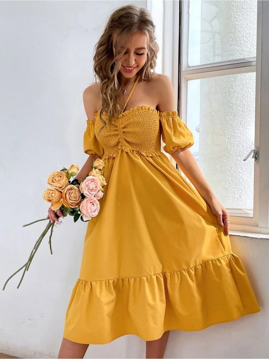 

BAESD Halter Neck Puff Sleeve Smocked Georgette Fit and Flare Dress, Mustard