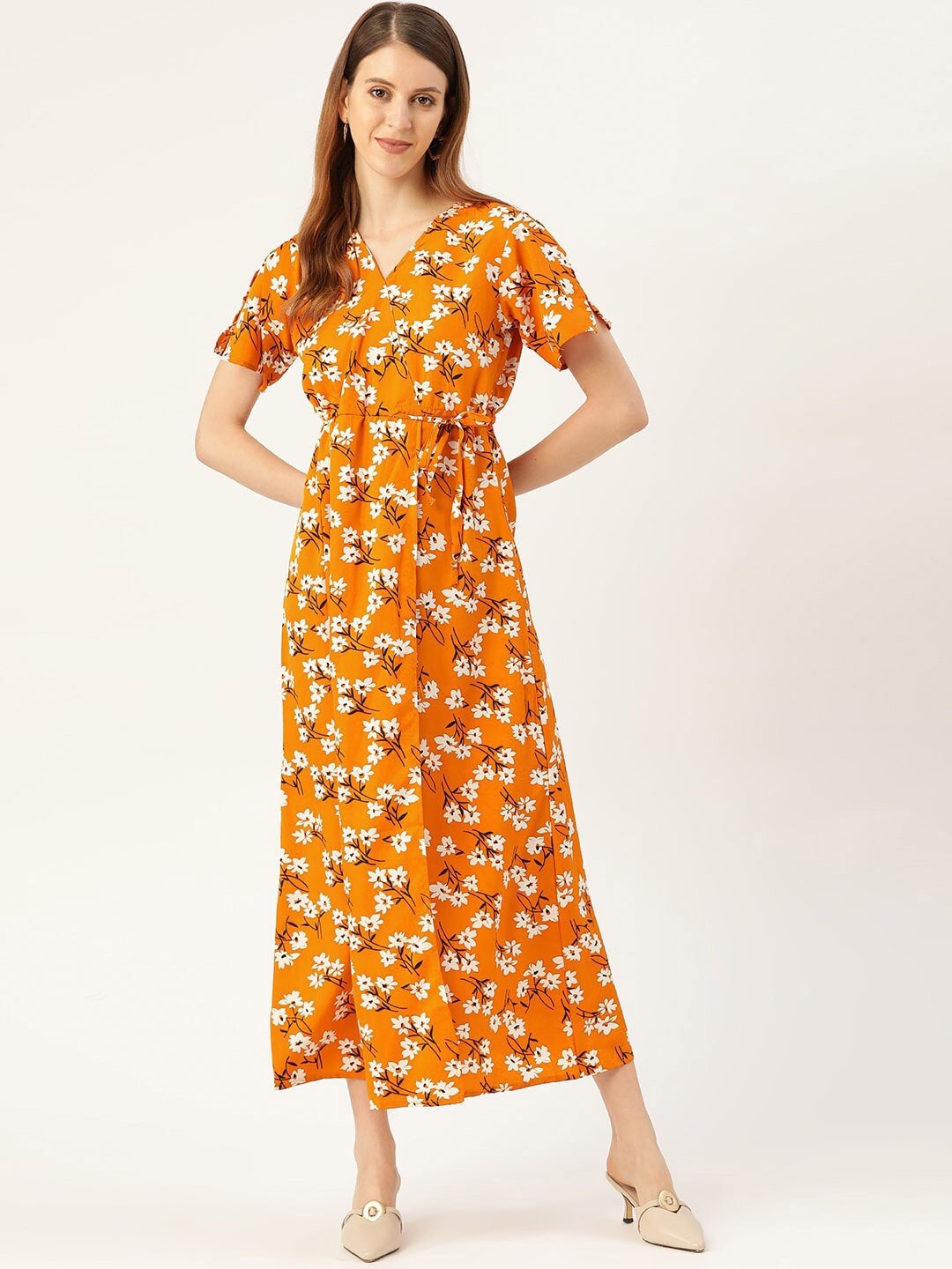 

BAESD Floral Printed V-Neck Slit Sleeve Tie Up Georgette Wrap Dress, Mustard