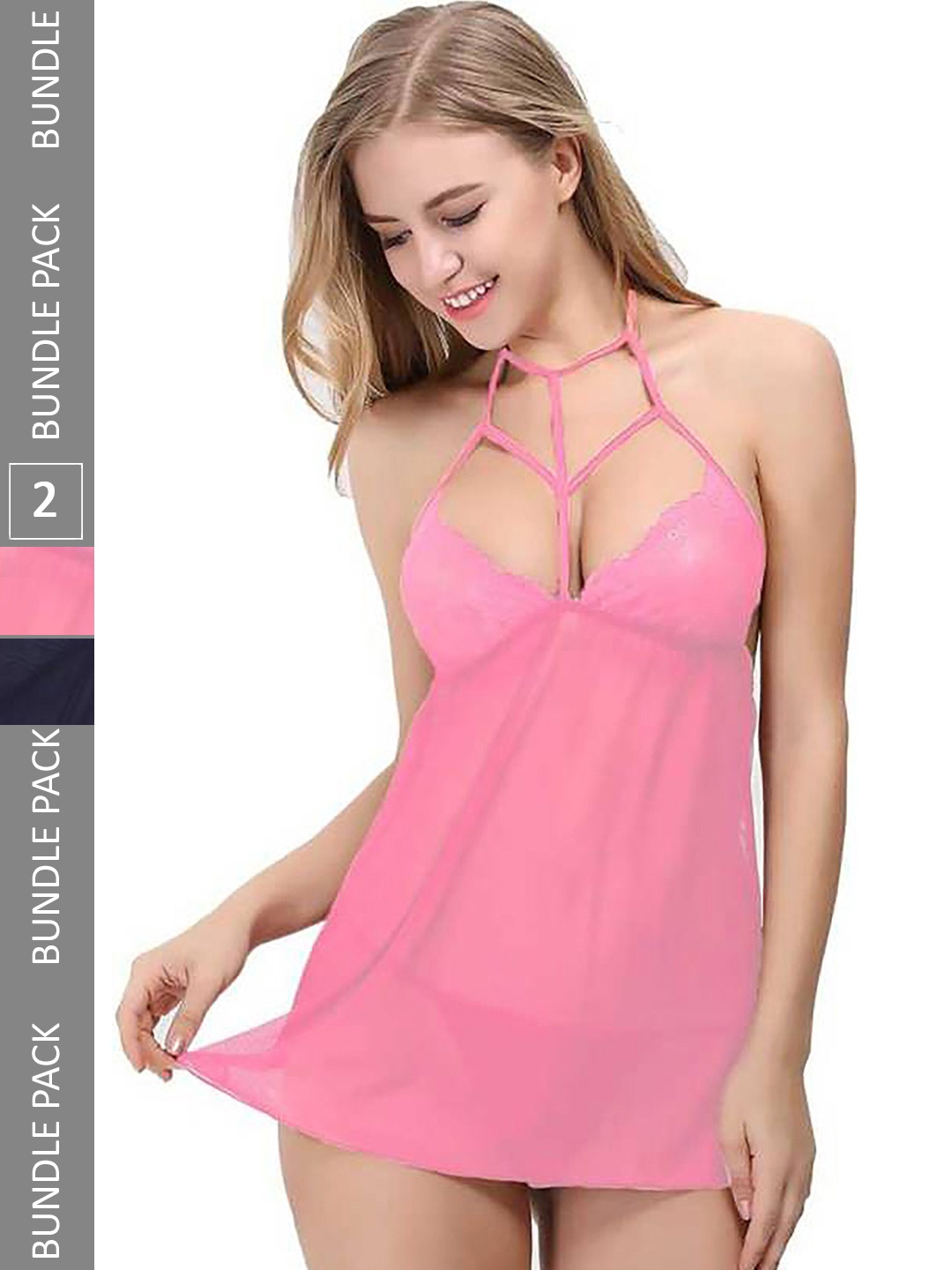 

PIBU Pack Of 2 Self Design Net Halter Neck Baby Dolls, Pink