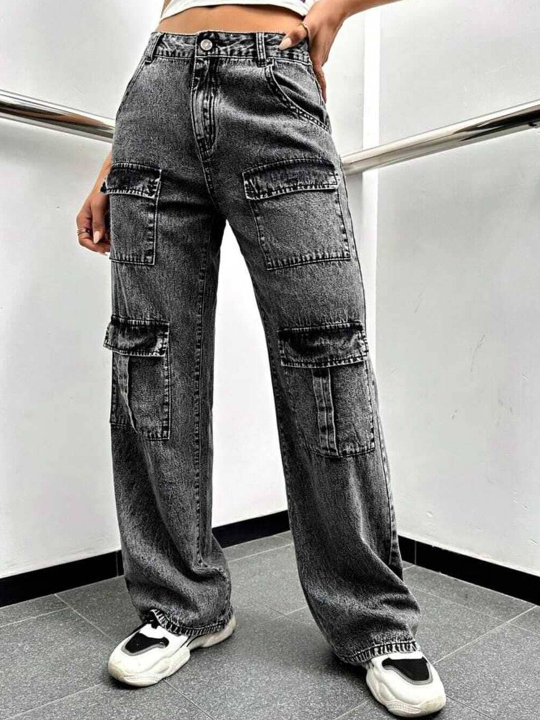 

BROADSTAR Women Smart Wide Leg High-Rise Cotton Jeans, Black
