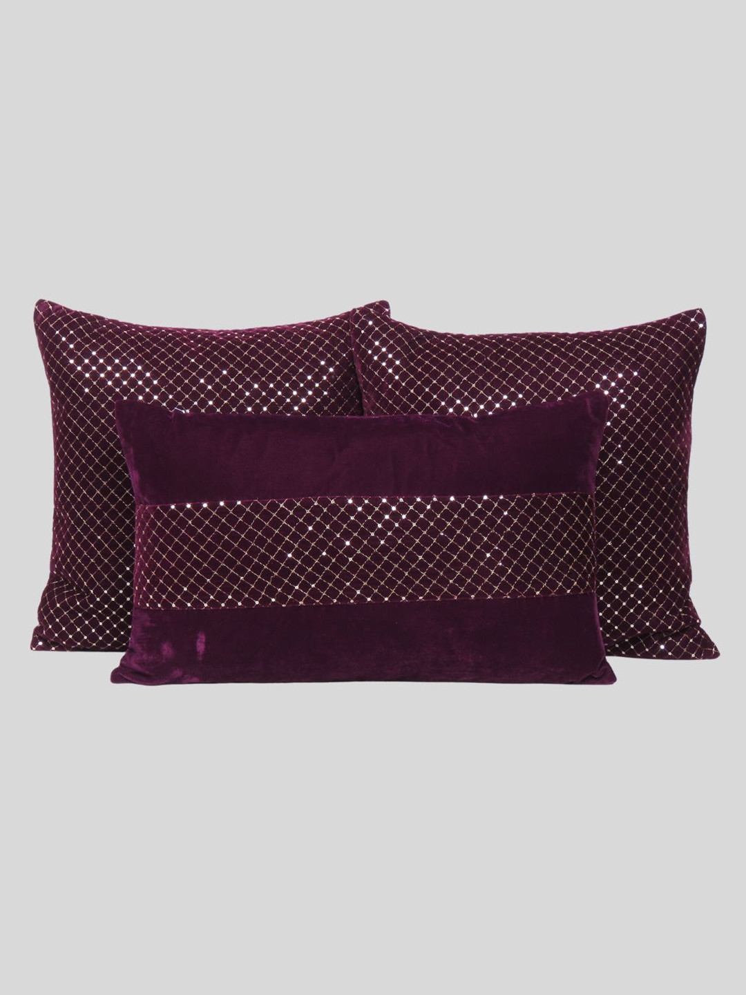 

OUSSUM Burgundy & Gold-Toned 3 Pieces Embroidered Velvet Square & Rectangle Cushion Covers