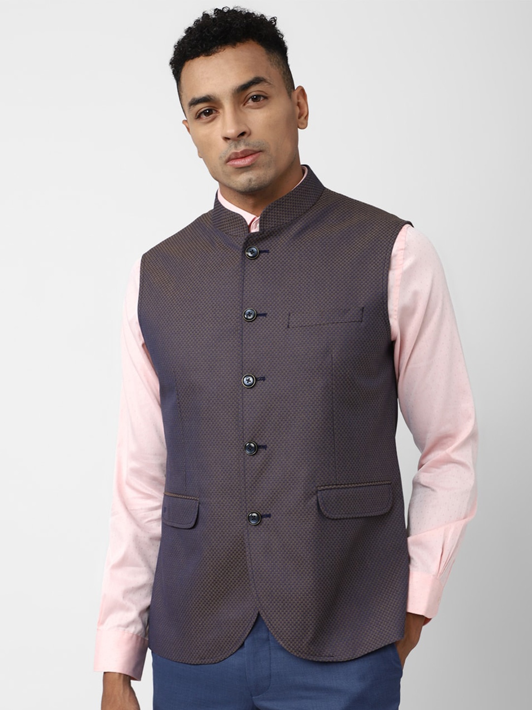 

Peter England Woven Design Nehru Jacket, Navy blue