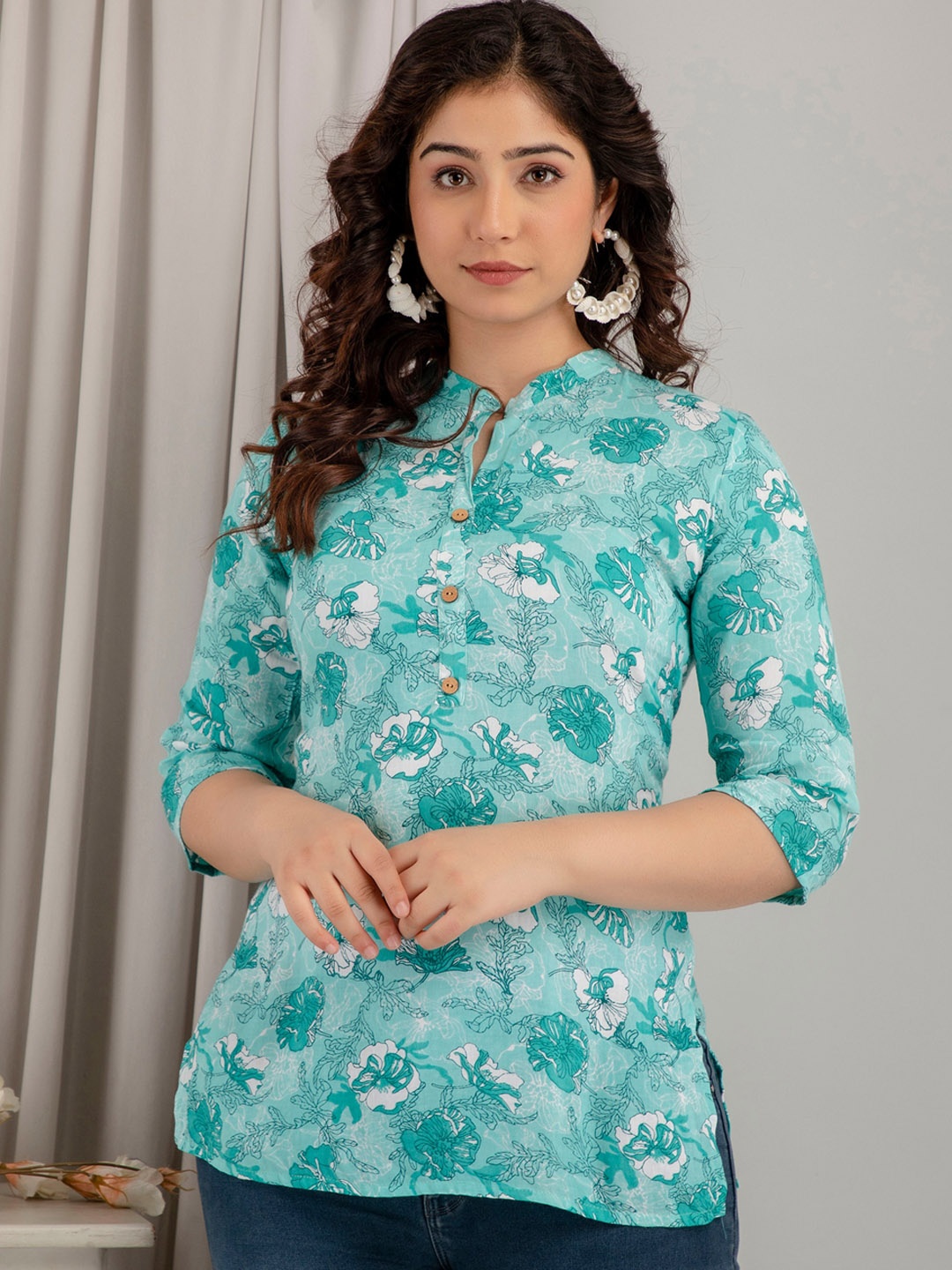 

Mialo fashion Floral Printed Mandarin Collar Straight Kurti, Turquoise blue