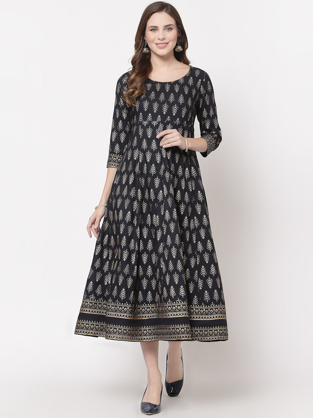 

Avipsa Floral Printed A-Line Midi Ethnic Dresses, Navy blue
