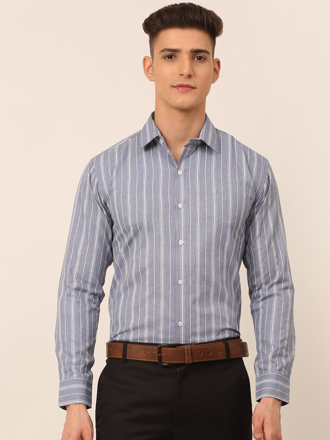 

JAINISH Classic Vertical Striped Spread Collar Formal Shirt, Grey