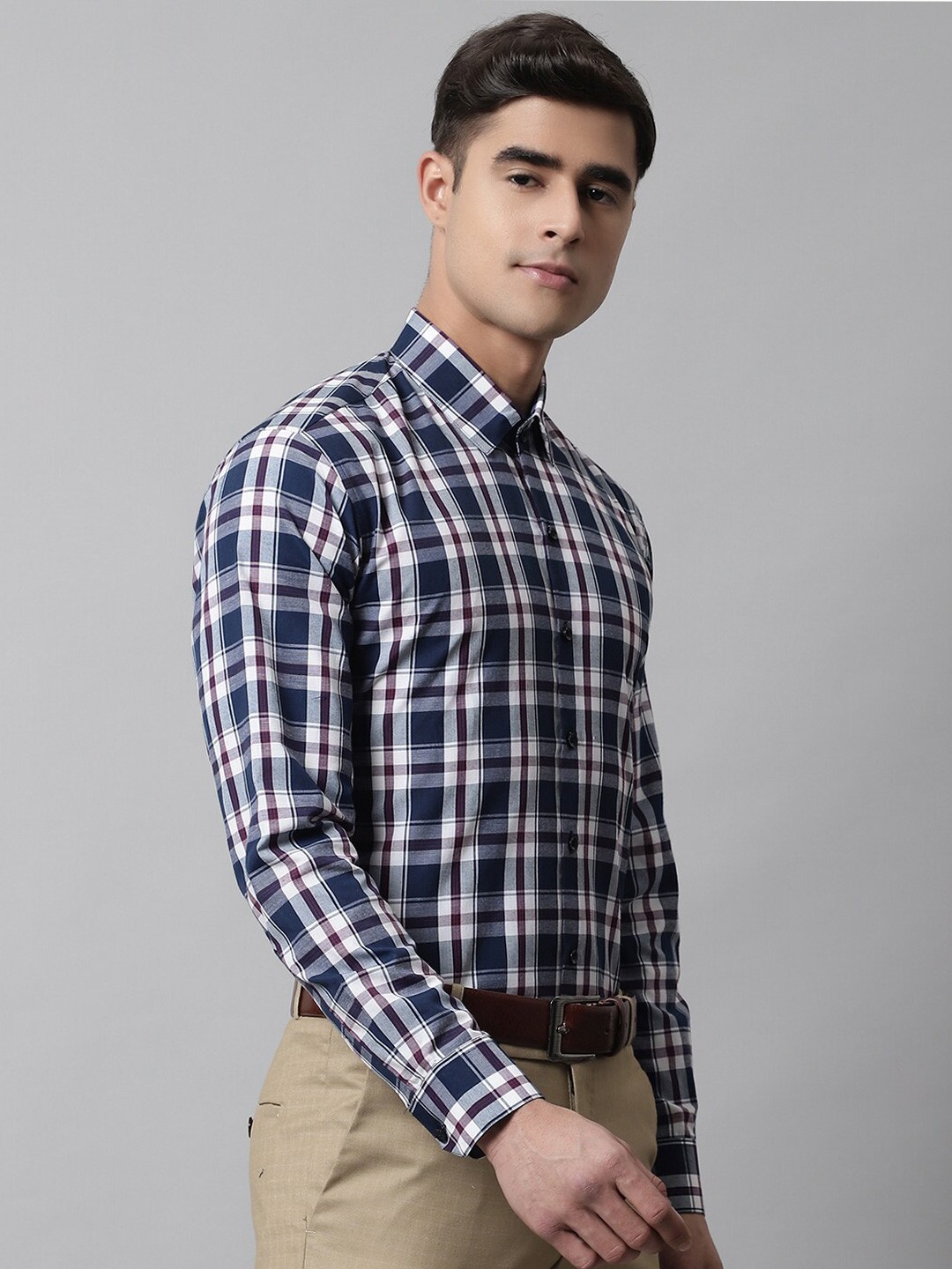

JAINISH Classic Tartan Checked Pure Cotton Formal Shirt, Navy blue
