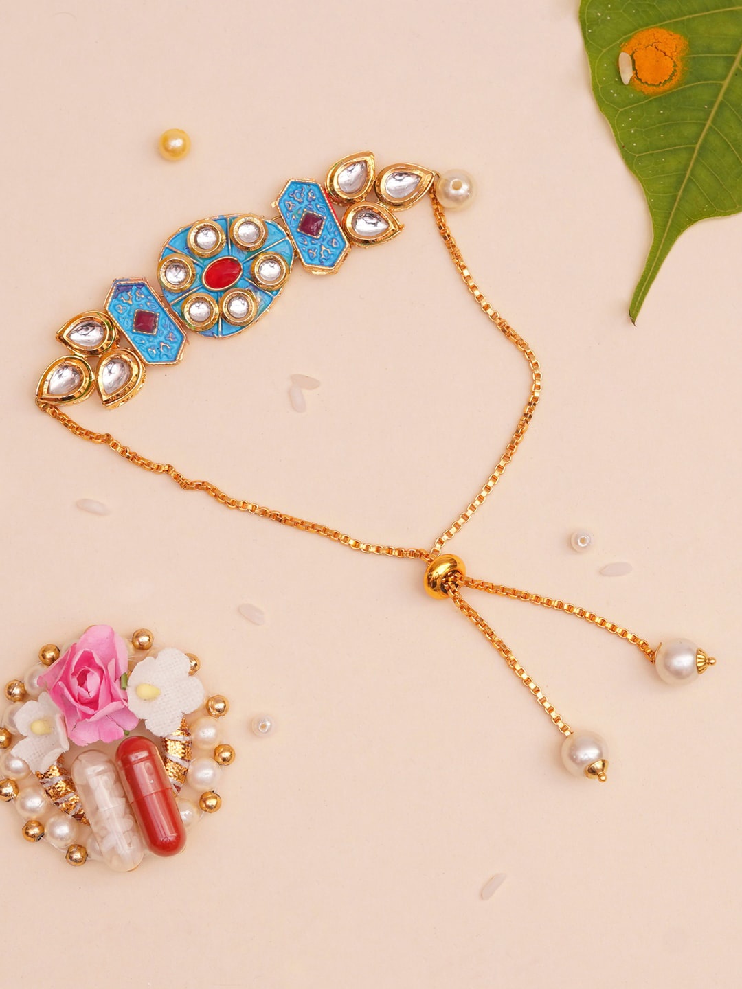 

The Magic Wand Kids Gold-Plated Stone-Studded & Beaded Rakhi, Blue