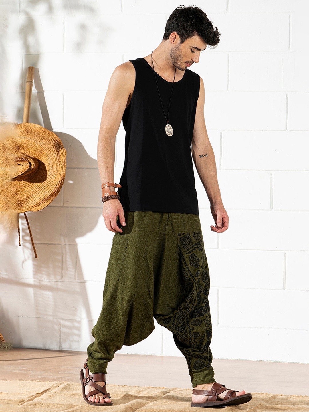

The Veshti Company Printed Pure Cotton Harem Pants, Olive