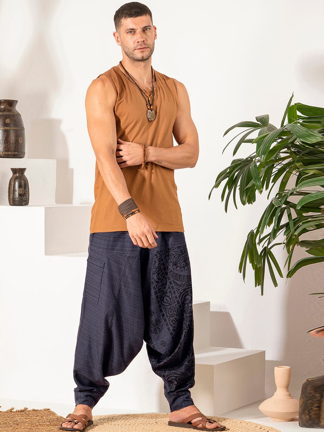 

The Veshti Company Men Tribal Printed Loose Fit Cotton Harem Pants, Blue