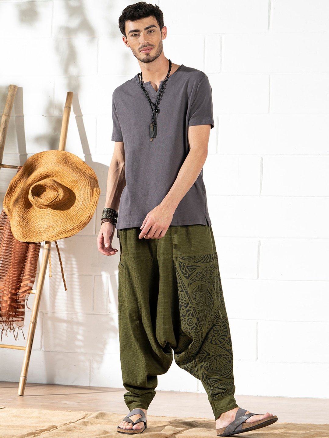

The Veshti Company Men Tribal Printed Cotton Loose-Fit Harem Pants, Green