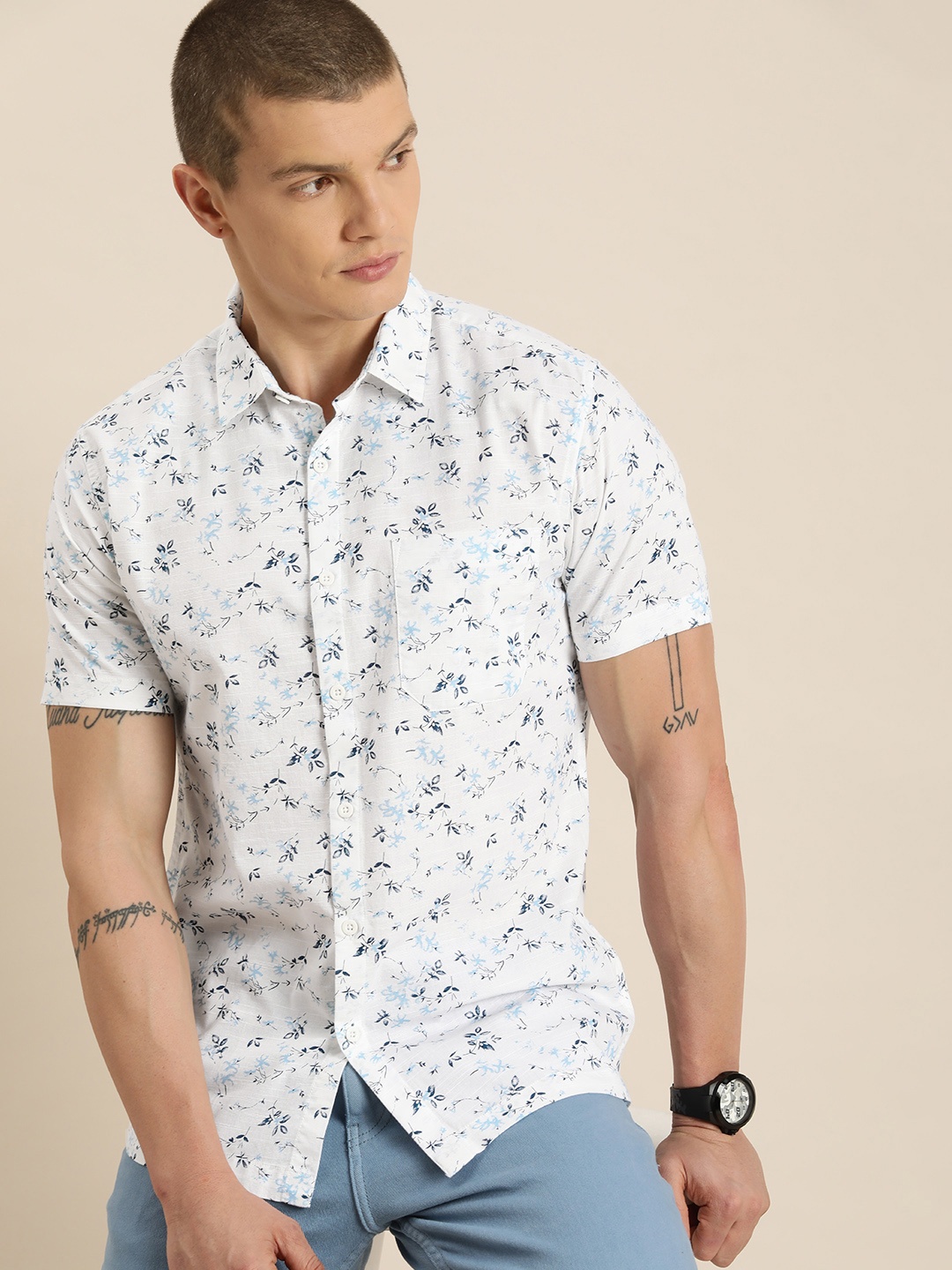 

Moda Rapido Men Classic Slim Fit Floral Printed Opaque Casual Shirt, White