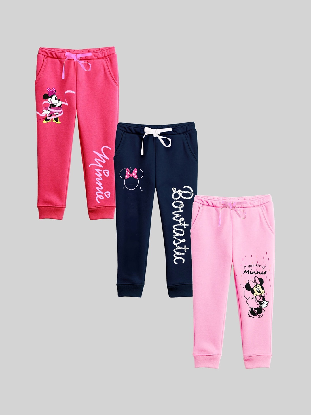

KUCHIPOO Girls Pack Of 3 Mickey & Friends Printed Cotton Joggers, Pink