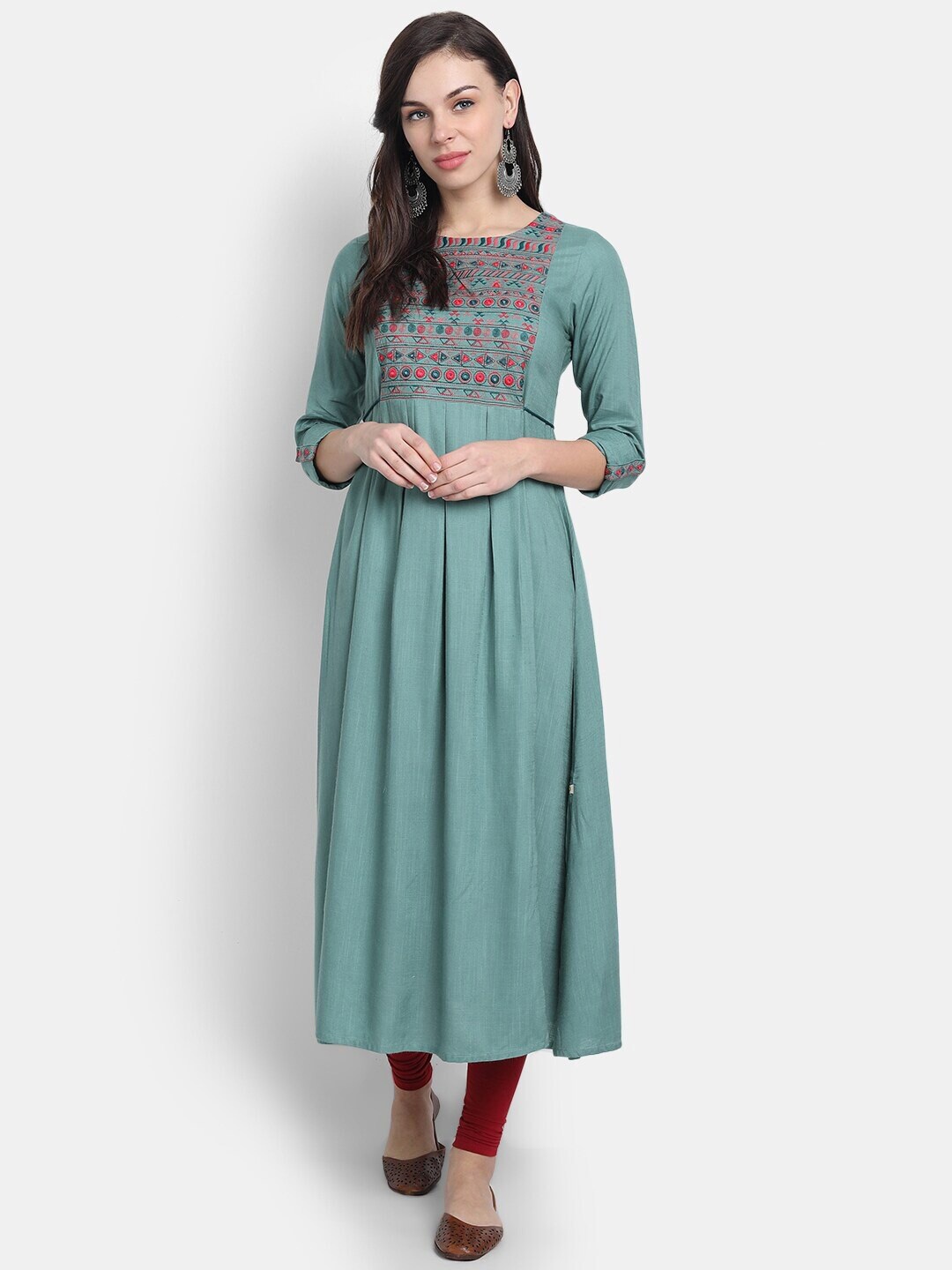 

SUTI Ethnic Motifs Embroidered Round Neck Gathered Silk A-Line Dress, Green