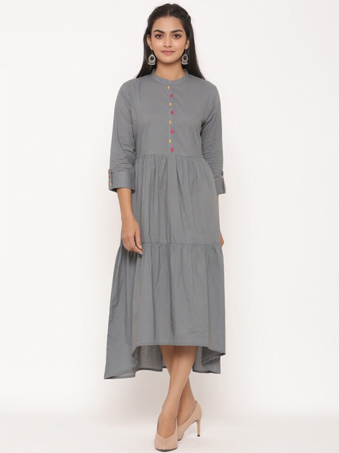 

SUTI Mandarin Collar Roll-Up Sleeves Tiered Cotton A-Line Dress, Grey