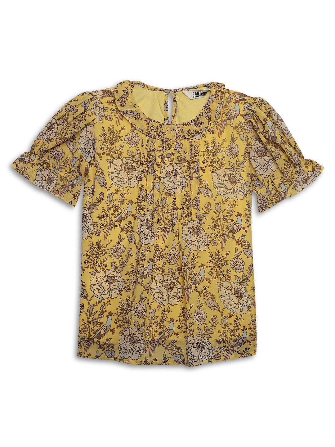 

Cantabil Girls Yellow Floral Printed Puff Sleeves Georgette Top