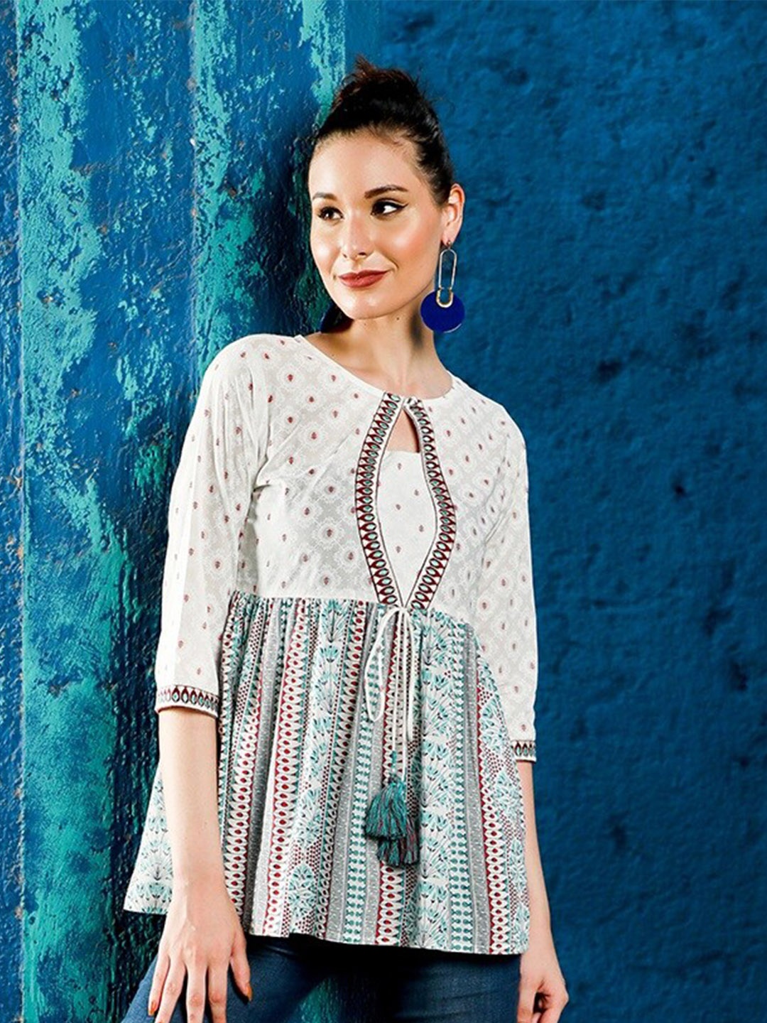 

Jaipur Kurti Ethnic Printed And Peplum Top, White