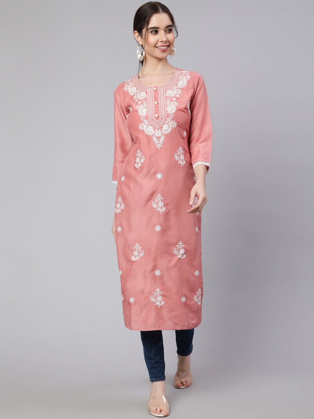 

Jaipur Kurti Ethnic Motif Embroidered Straight Kurta, Peach