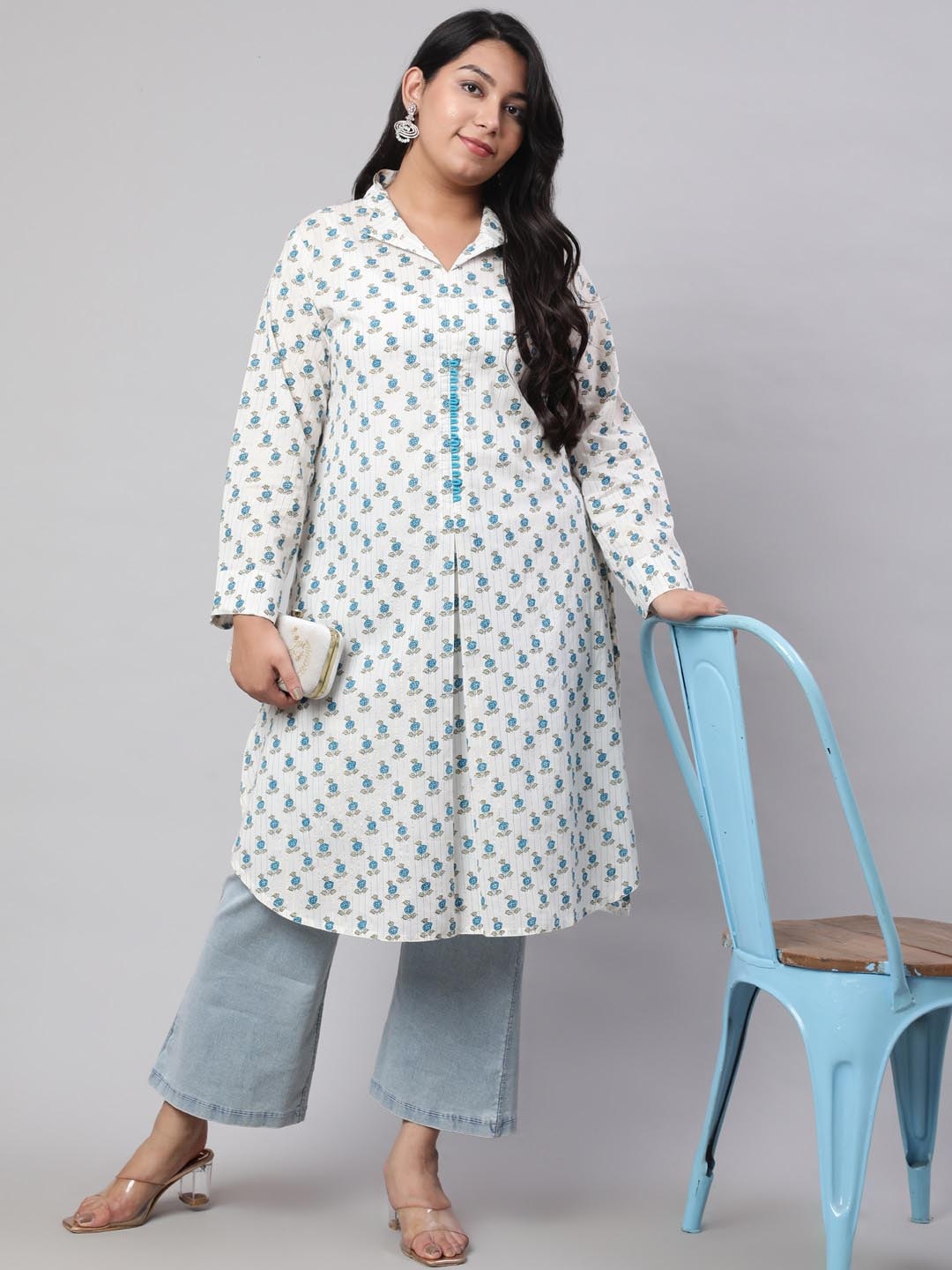

Jaipur Kurti Plus Size Turquoise Blue Floral Printed Mandarin Collar A-Line Cotton Kurta