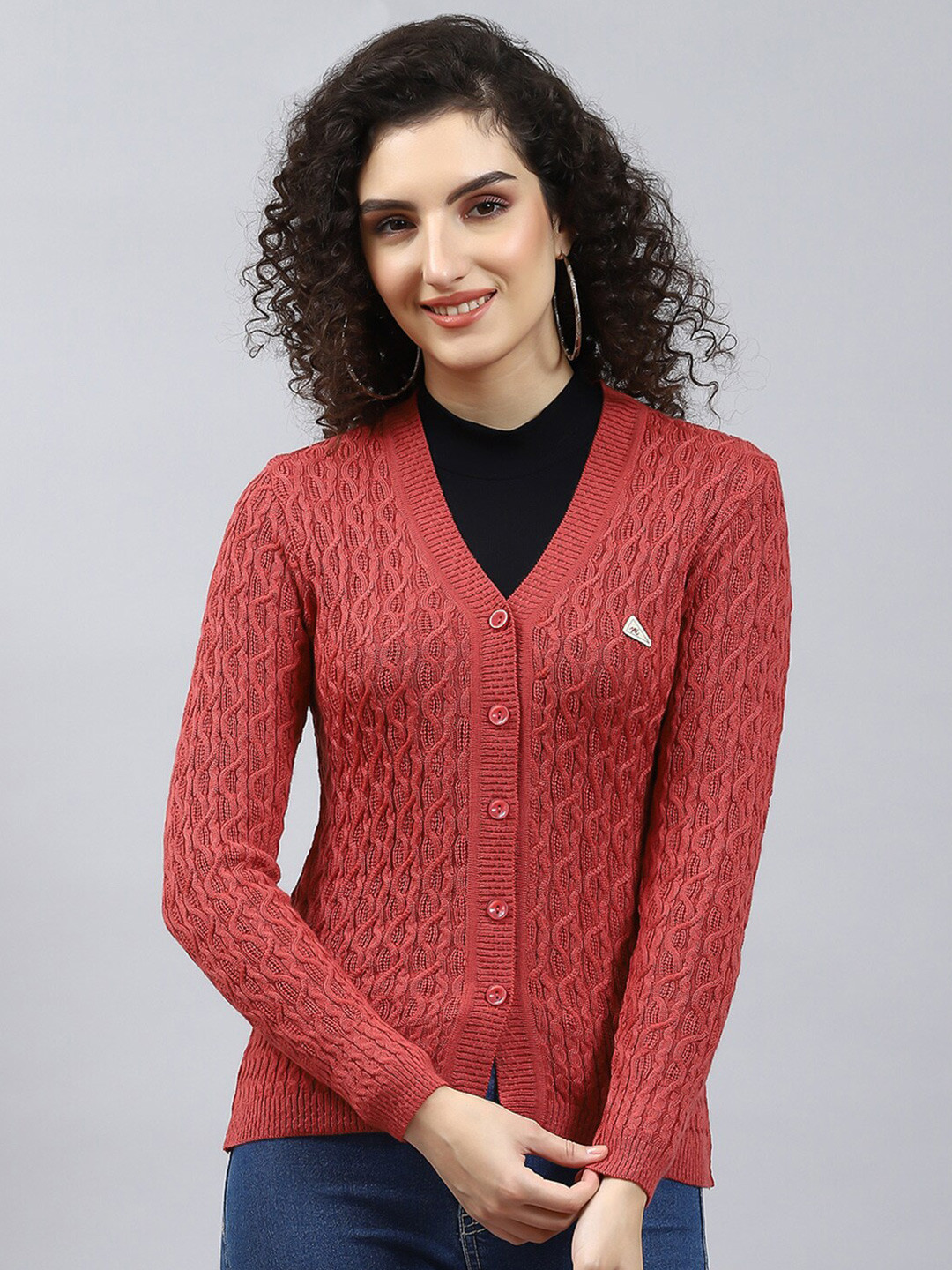 

Monte Carlo Self Design Cable Knit Woollen Cardigan Sweaters, Rust