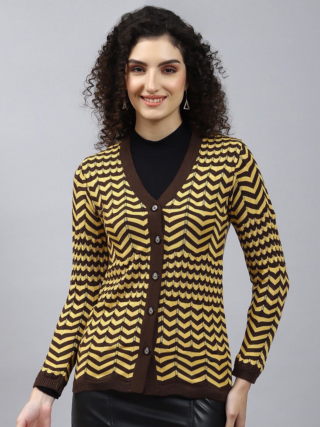 

Monte Carlo Geometric Striped Woollen Cardigan, Brown