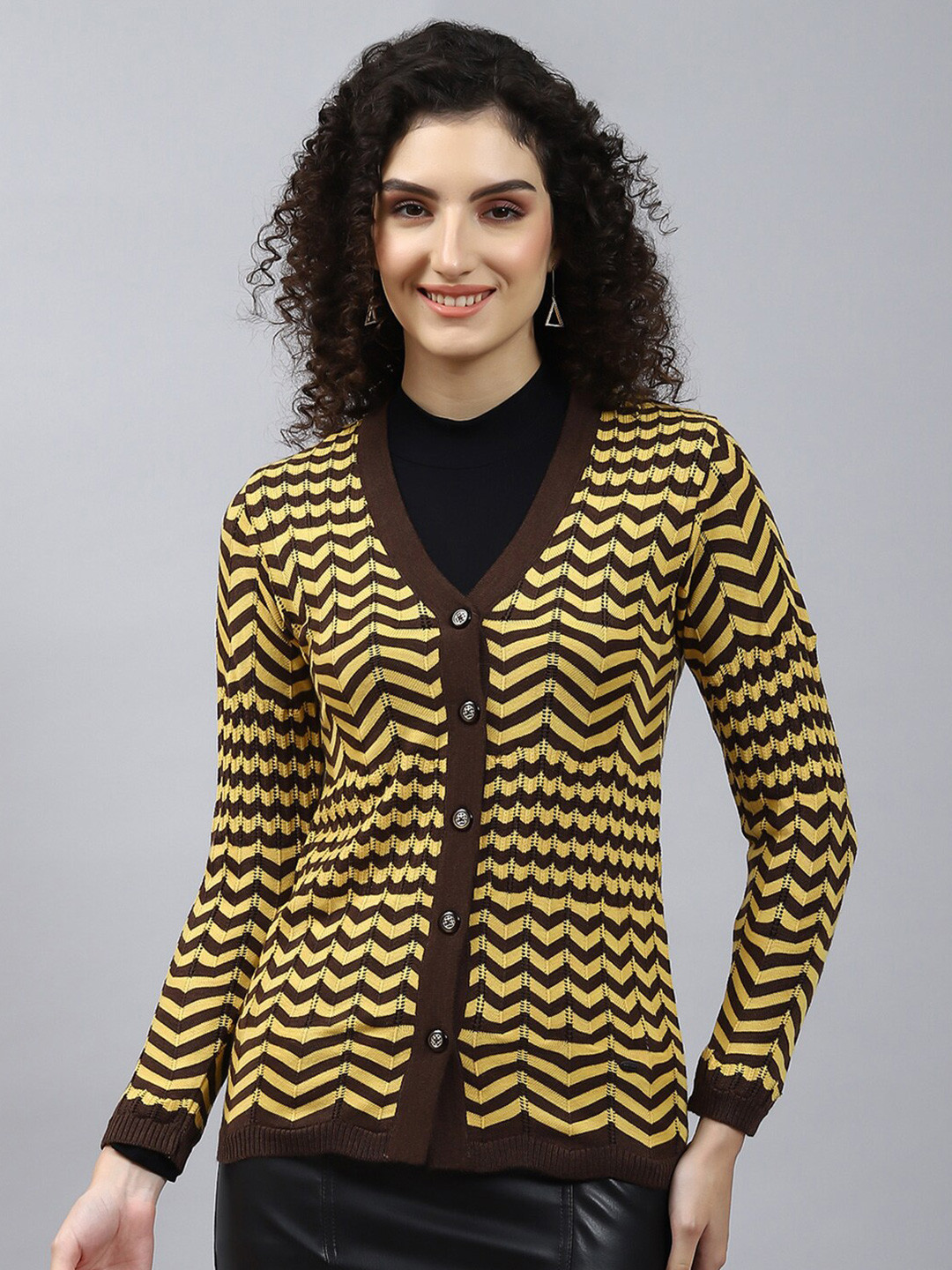 

Monte Carlo Striped Self Design V-Neck Cardigan, Brown