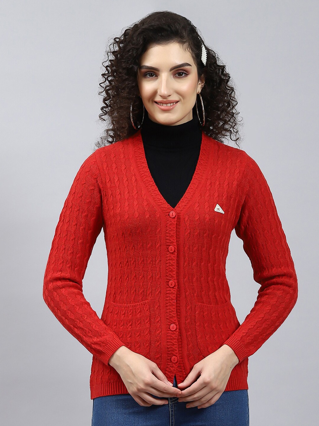

Monte Carlo Self Design Cable Knit V-Neck Cardigan, Rust