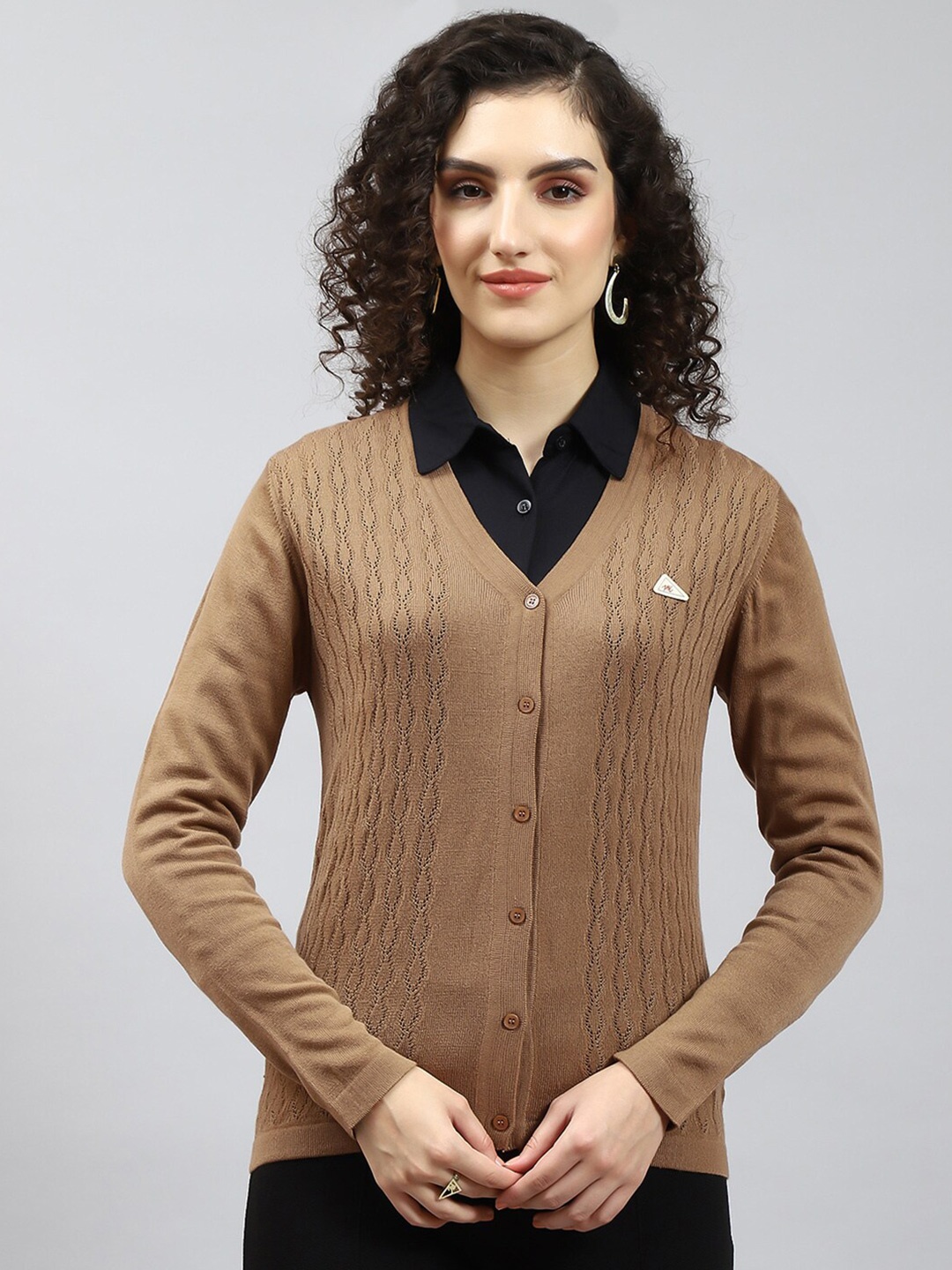 

Monte Carlo Self Design V-Neck Cardigan, Brown
